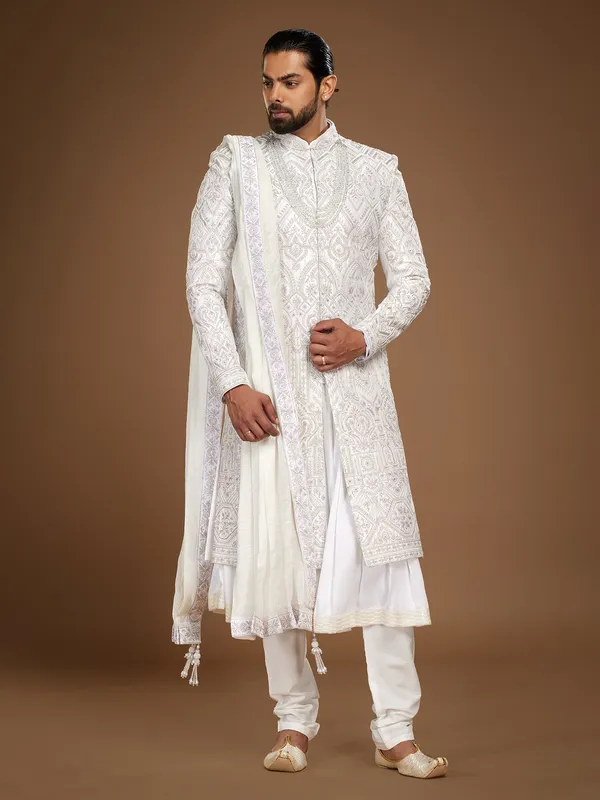 Classic raw silk white sherwani