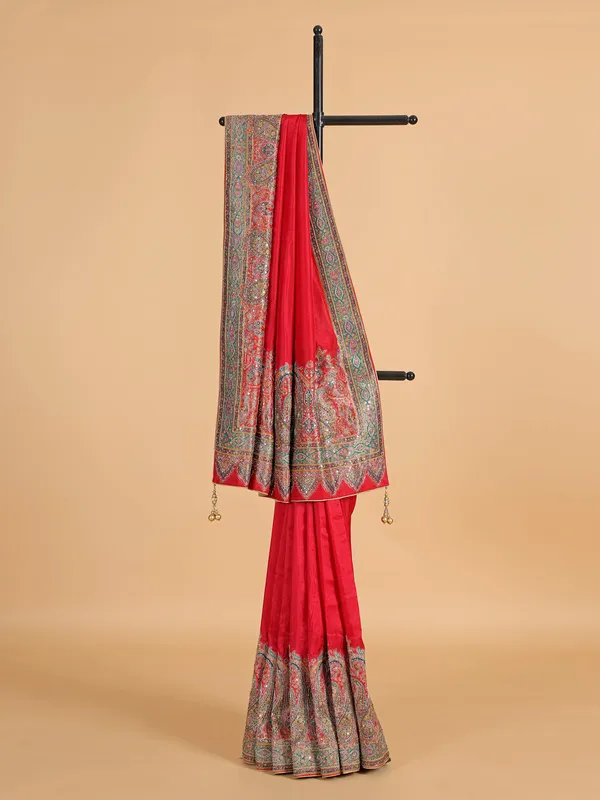 Classic red silk printed saree for wedding