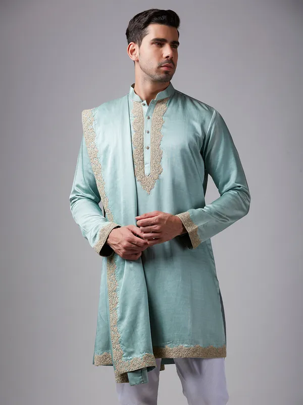 Classic sea green silk  Men Kurta pajama