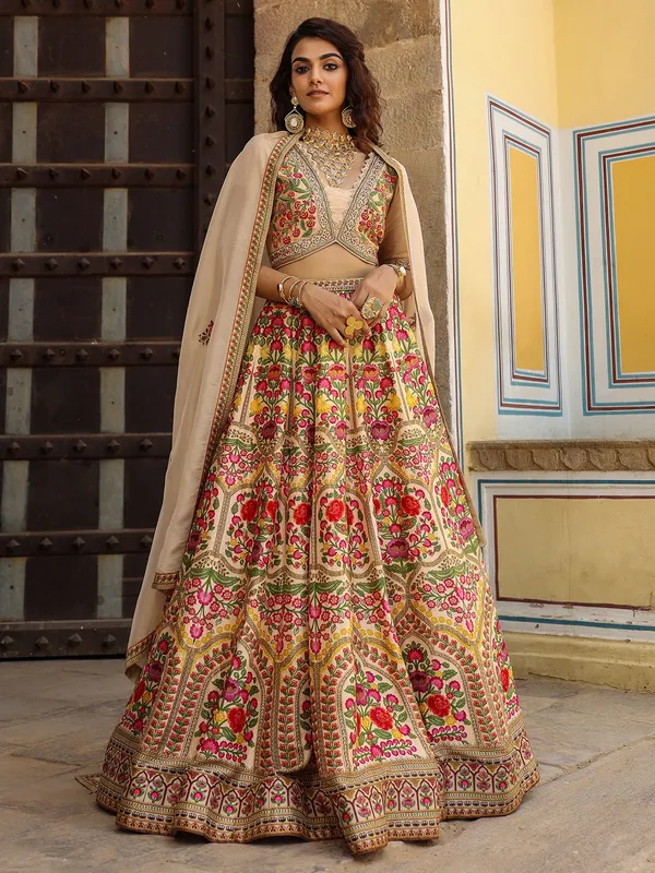 Classic silk beige printed lehenga choli