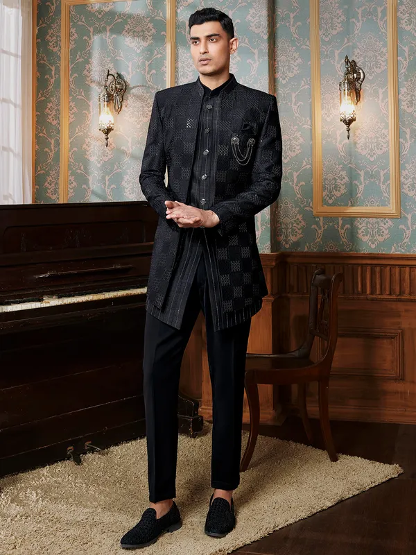 Classic textured black raw silk indowestern