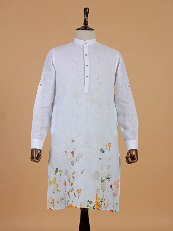 Classic white cotton printed kurta for men