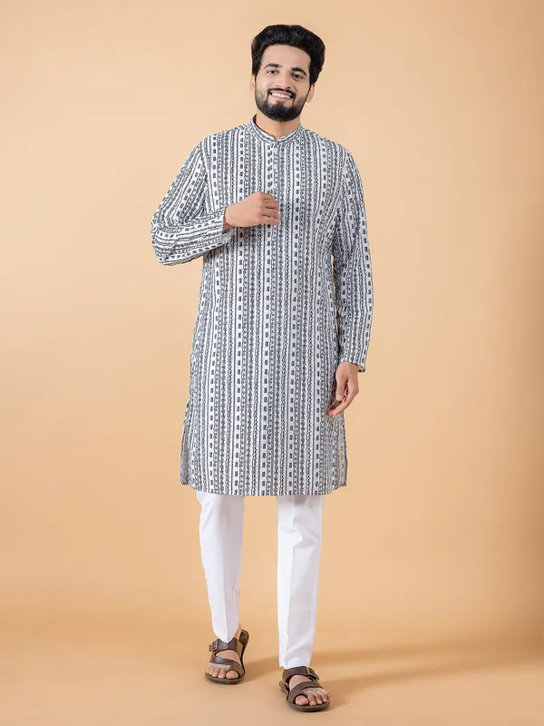 Classic white cotton printed kurta suit