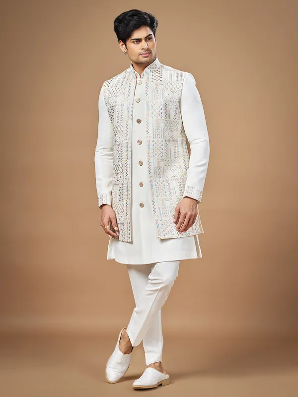 Classic white silk indowestern