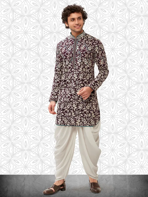 Classic wine georgrette kurta set for men