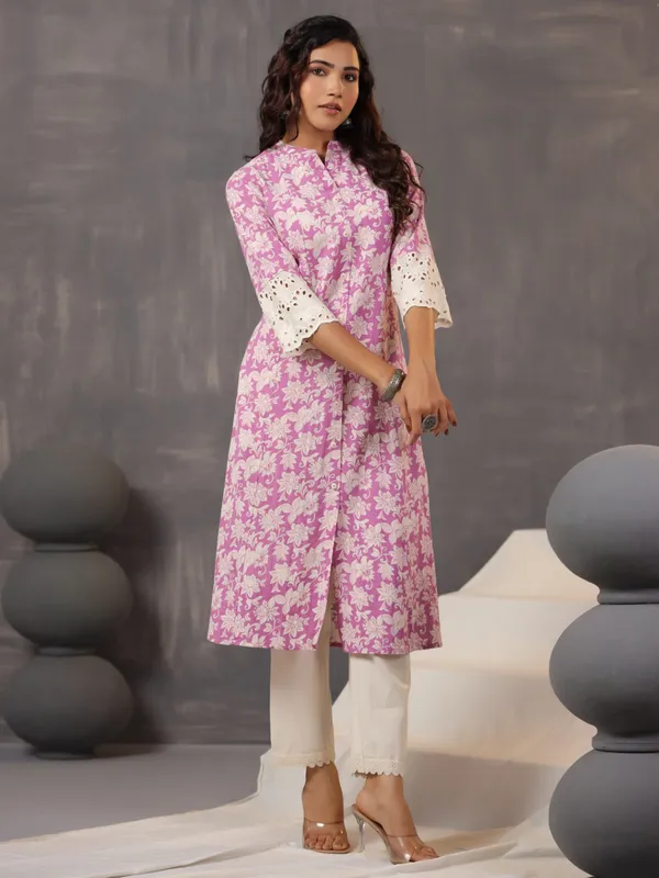 Classy and stylish purple printed cotton silk kurti