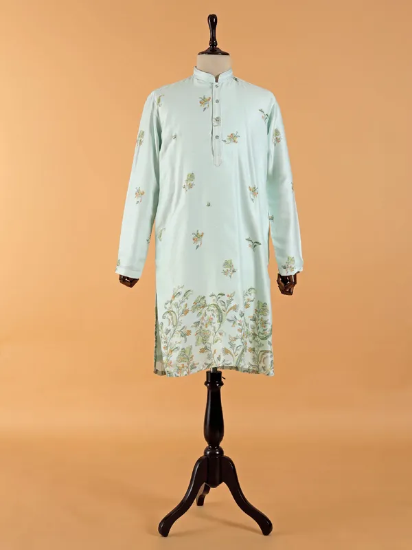 Classy aqua cotton silk festive style kurta set