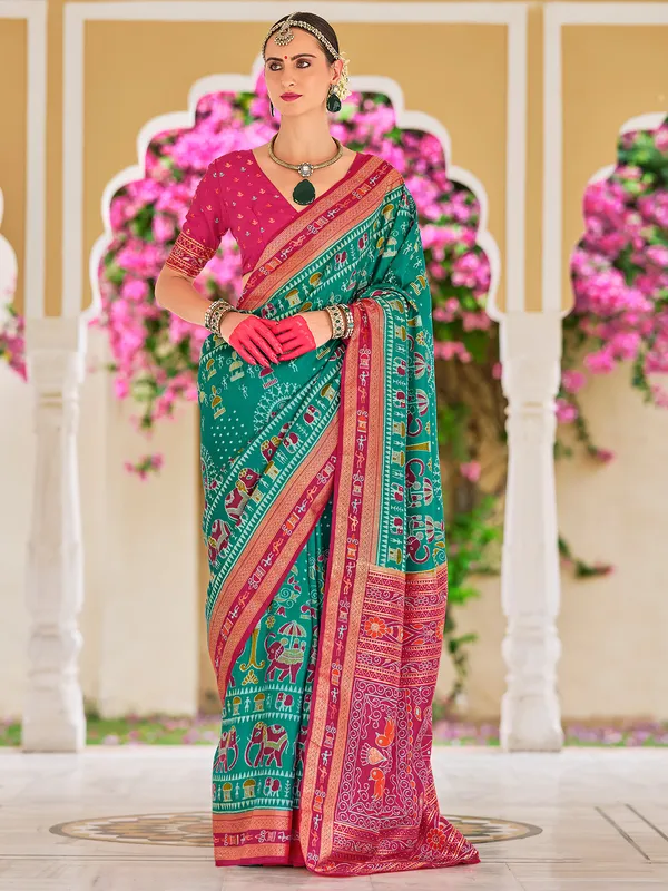 Classy aqua silk saree in printed