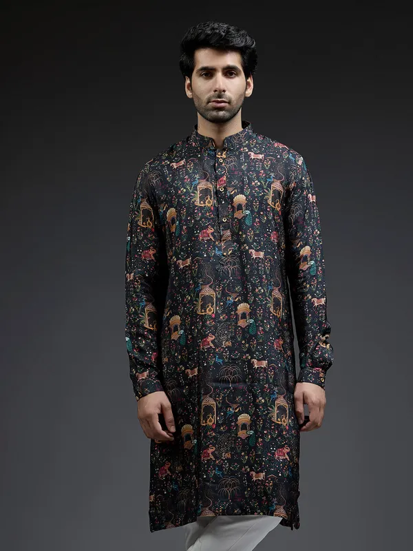 Classy black applique print printed kurta suit for men