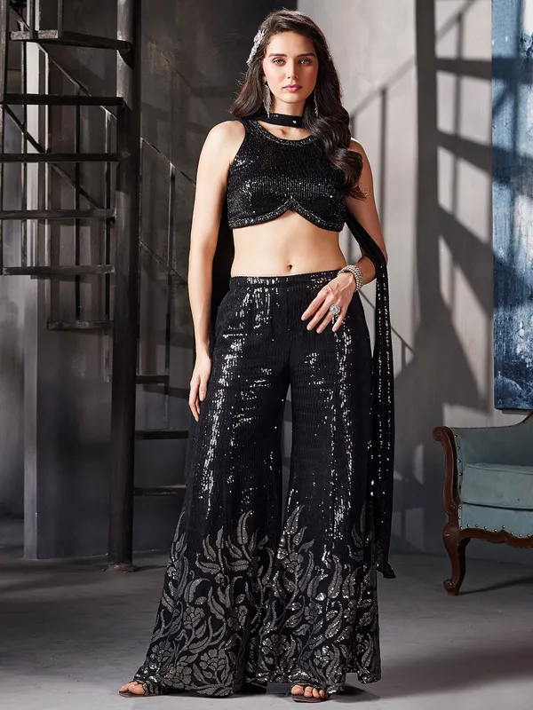 Classy black georgette palazzo suit with dupatta