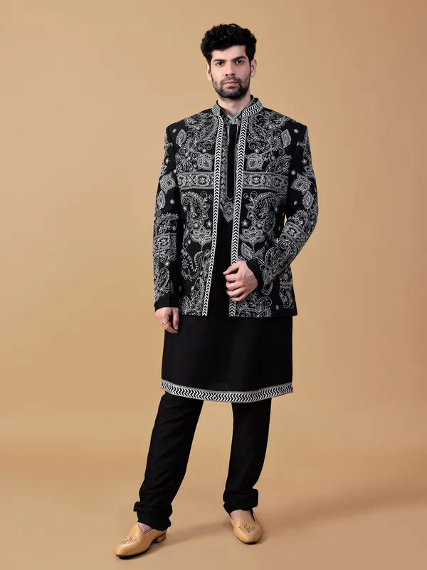 Classy black raw silk indowestern