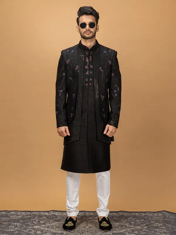 Classy black silk reception indowestern