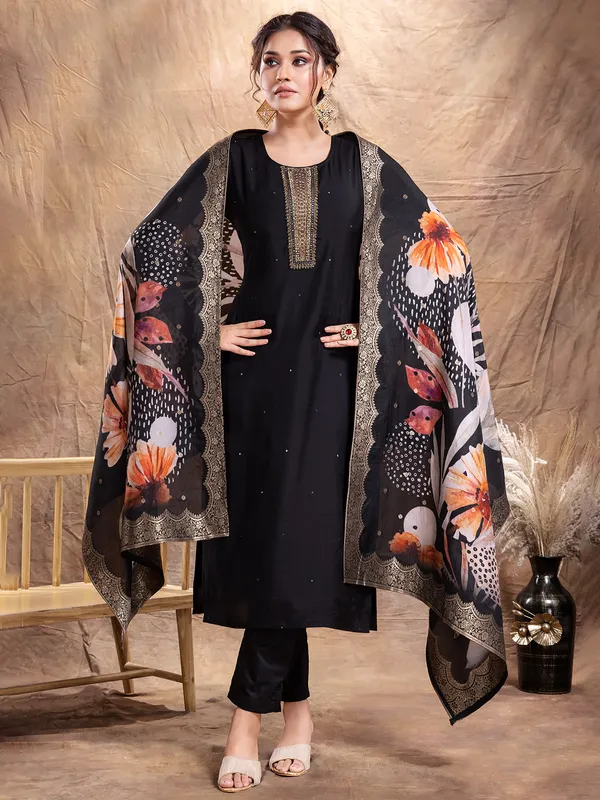 Classy black silk straight cut salwar suit