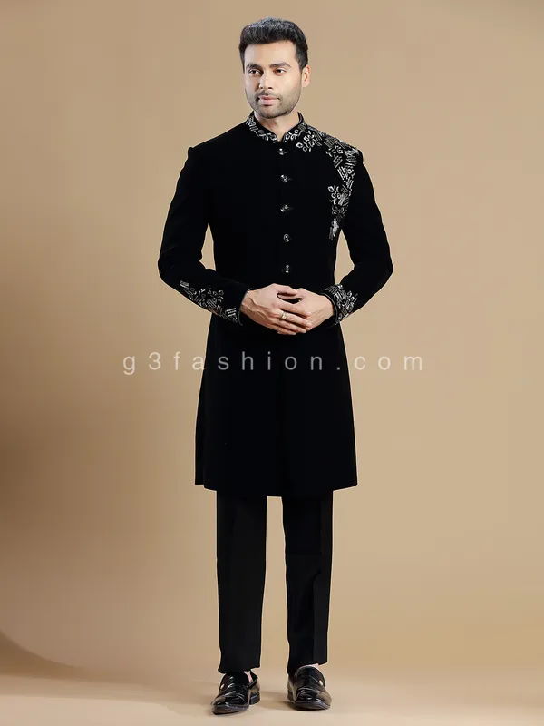 Classy black velvet wedding wear indowestern