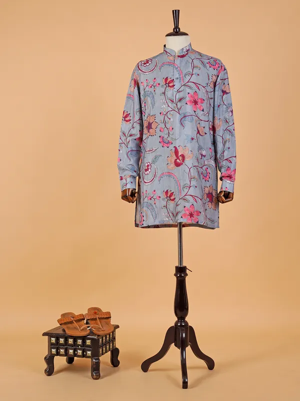 Classy blue cotton printed  Men Kurta pajama