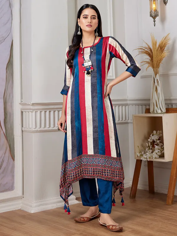 Classy blue gajji silk printed kurti set