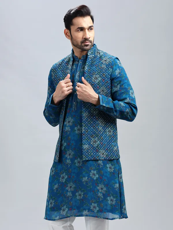 Classy blue georgette waistcoat set for men