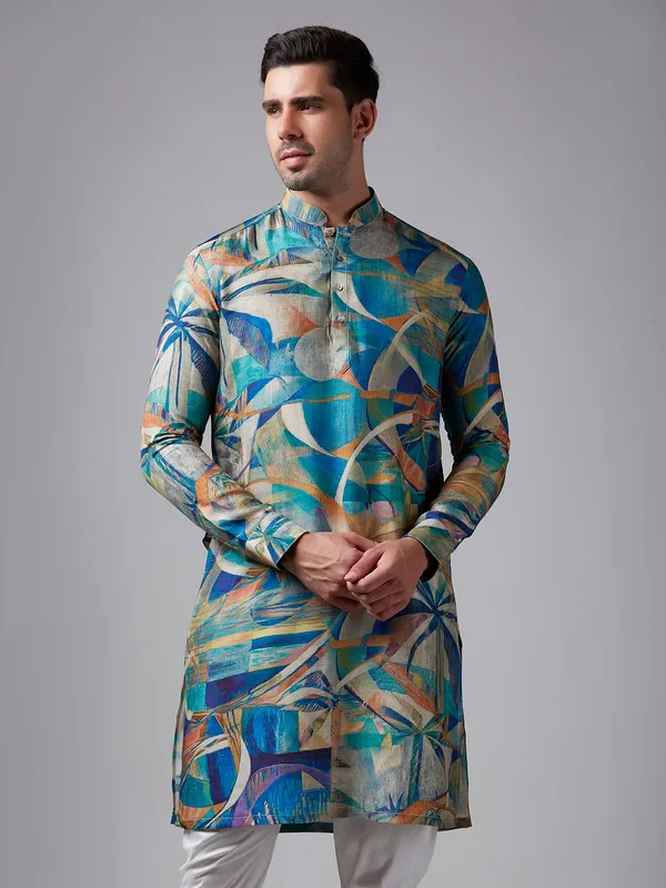 Classy blue printed kurta suit for festive