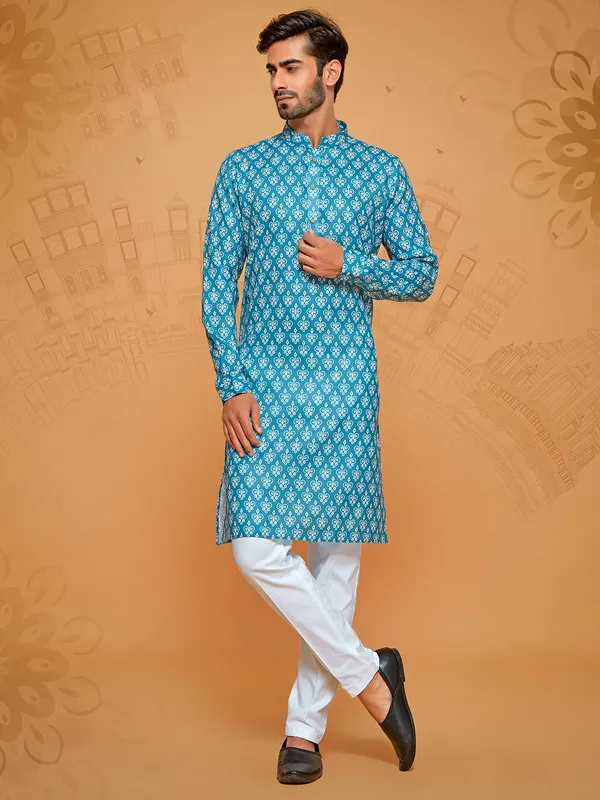Classy blue printed kurta suit for men