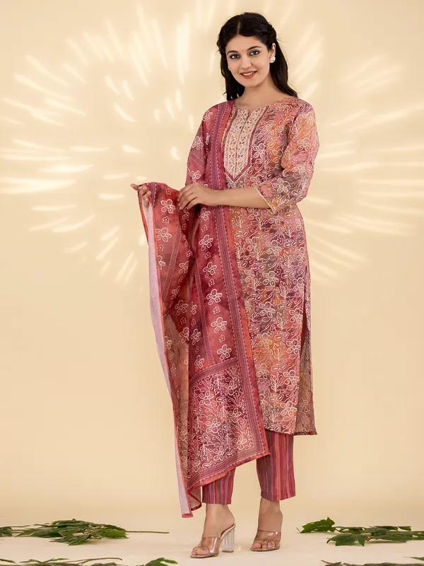 Classy brown printed kurti set for festive