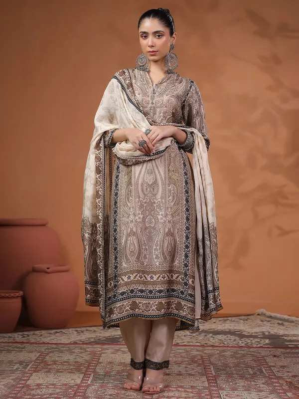 Classy brown printed silk kurti set