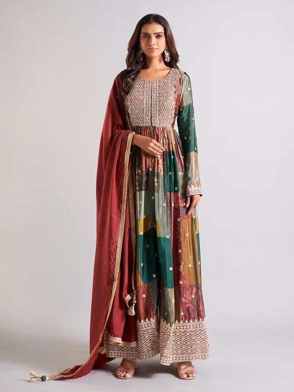 Classy brown printed silk salwar suit