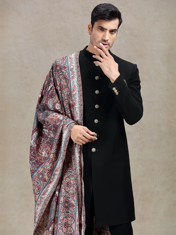 Classy charming black sherwani with pashmina dupatta