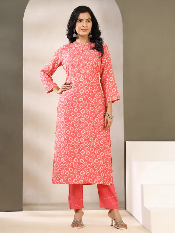 Classy coral pink printed kurti set in cotton