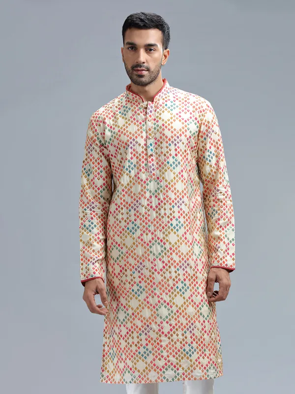 Classy cream cotton silk kurta pajama for men