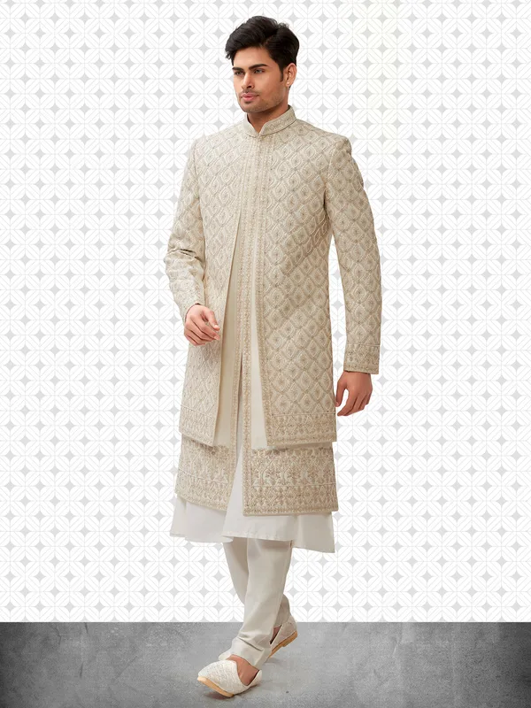 Classy cream terry rayon peshwai sherwani