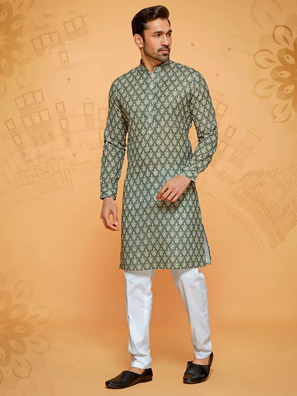 Classy Dark green cotton printed kurta suit