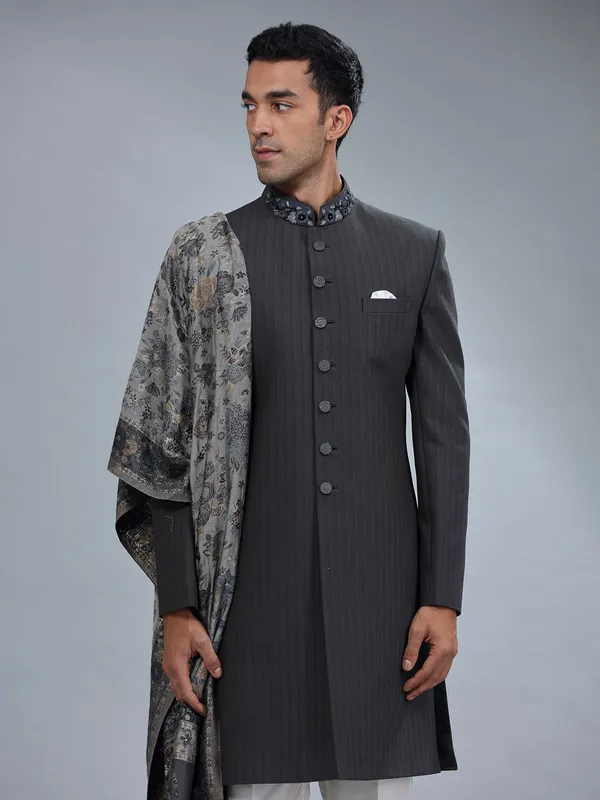 Classy dark grey terry rayon sherwani for men