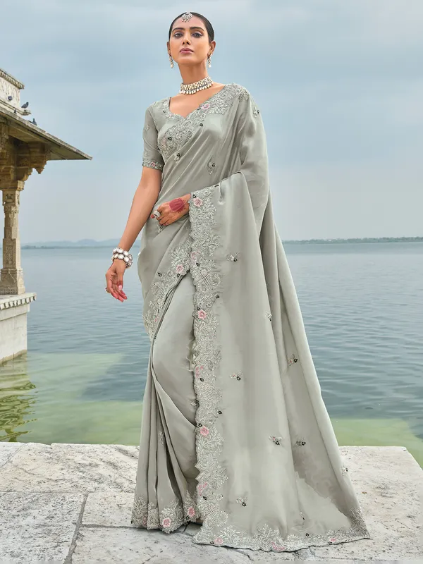 Classy grey banarasi silk saree for festive