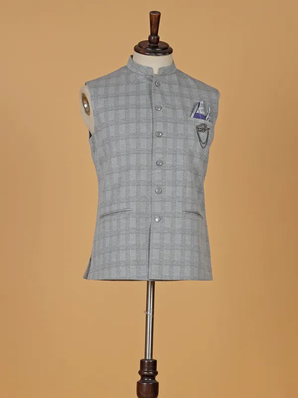 Classy grey checks waistcoat in terry rayon