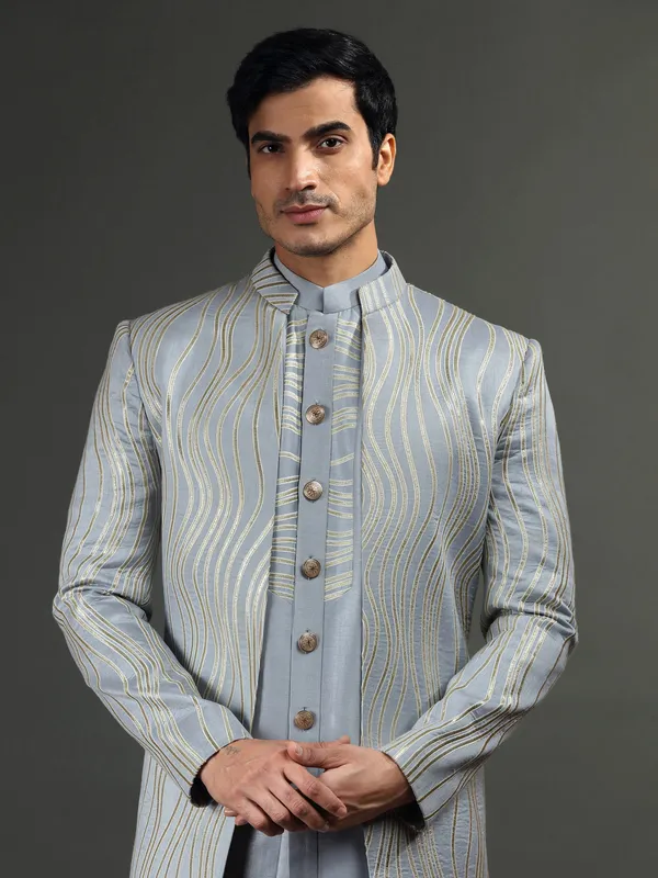 Classy grey silk indowestern for wedding