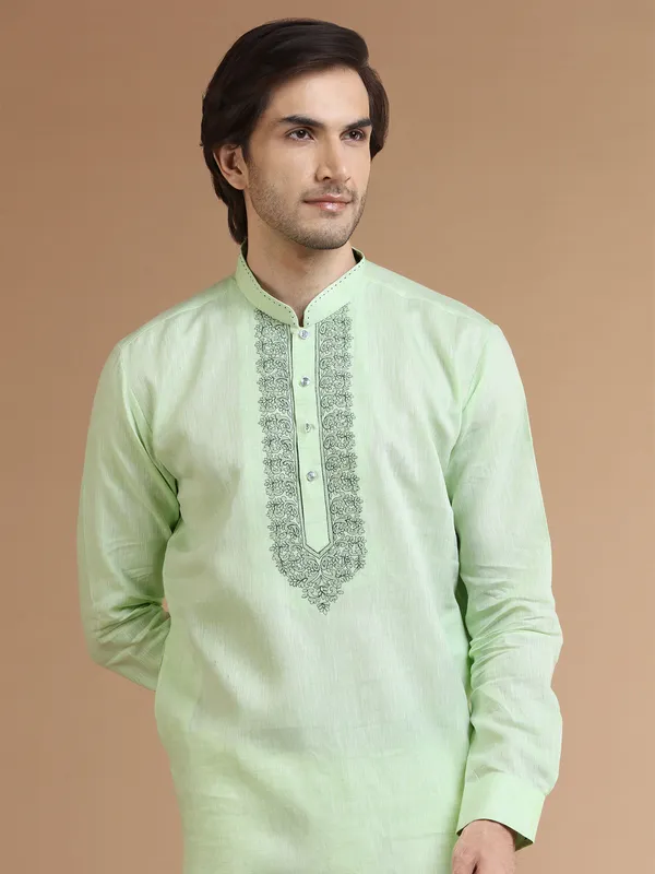 Classy light green linen  Men Kurta pajama