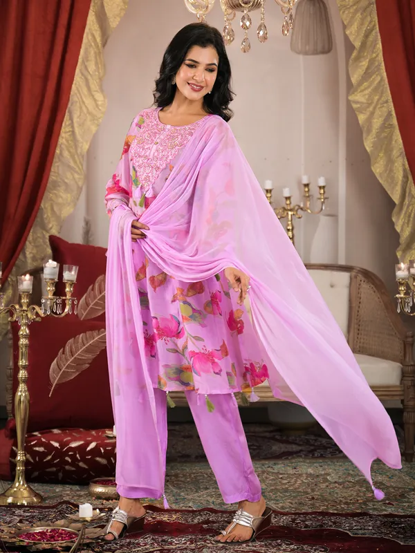 Classy lilac purple printed georgette kurti set