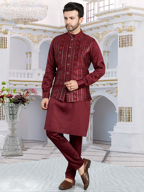 Classy maroon silk embroidery waistcoat set