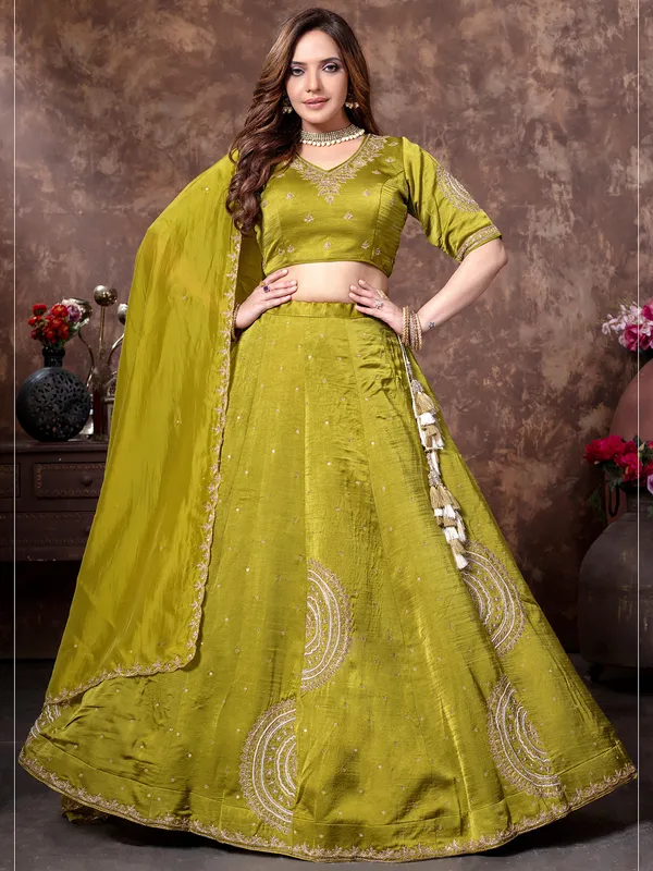 Classy mehendi green silk lehenga choli