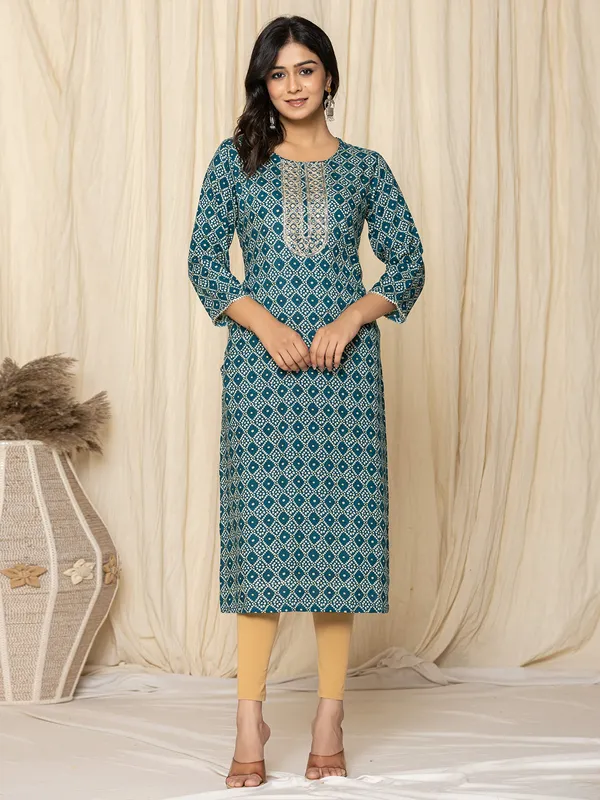 Classy mint blue casual printed kurti in silk