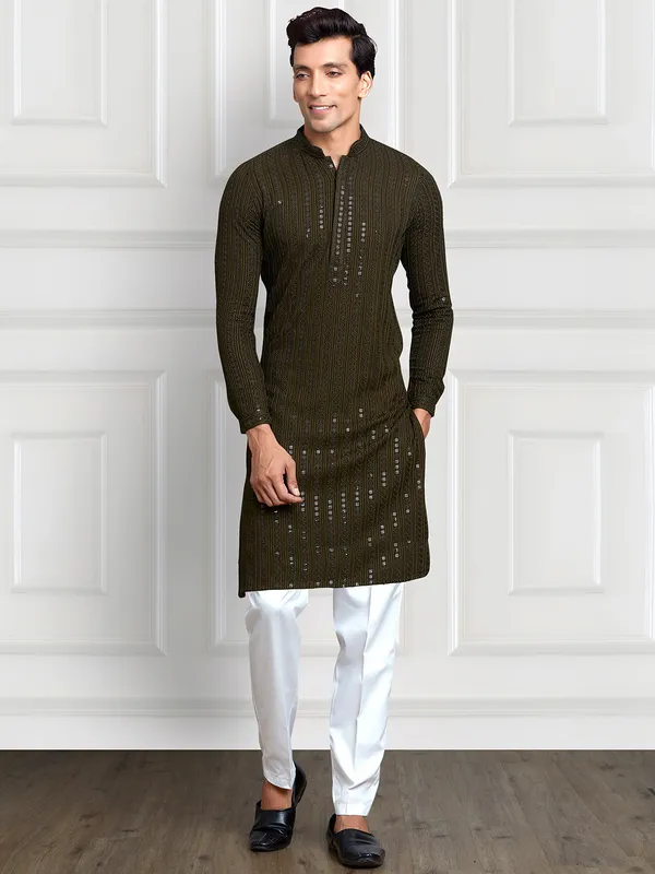 Classy moss green rayon cotton kurta suit