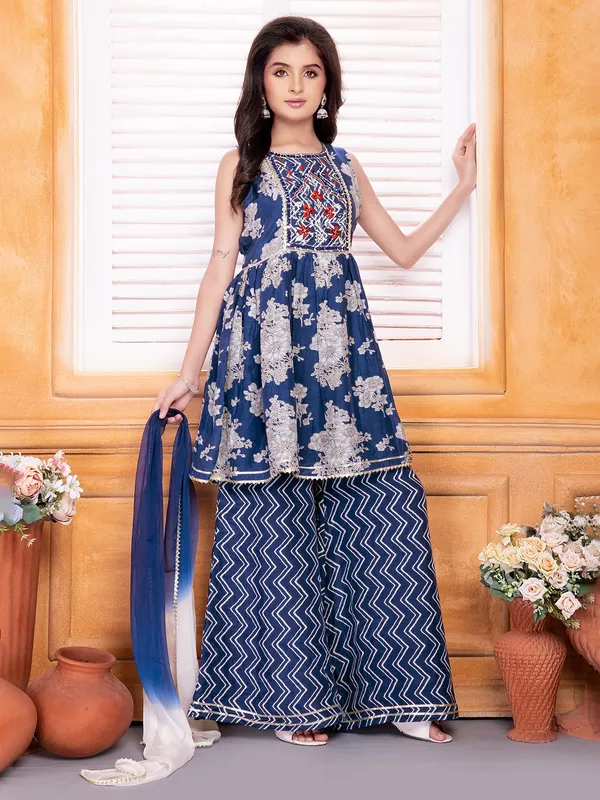 Classy navy cotton silk printed palazzo set
