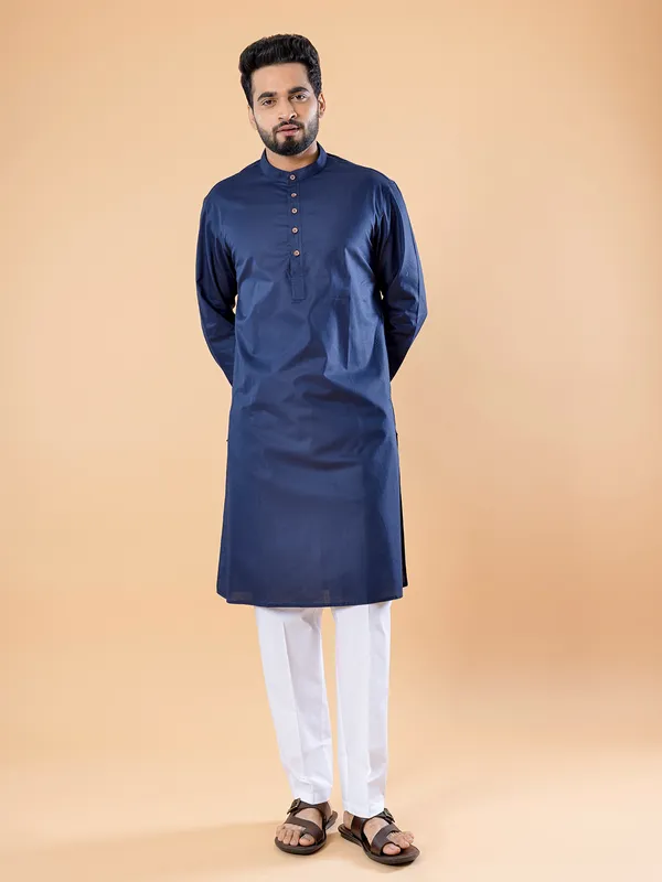 Classy navy plain cotton  Men Kurta pajama