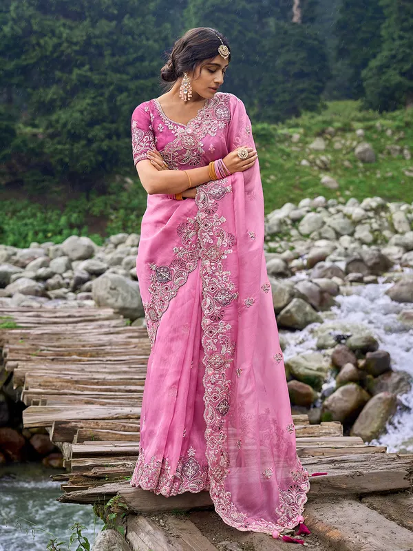 Classy pink silk saree