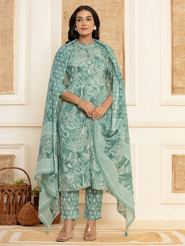 Classy rama green cotton printed kurti set