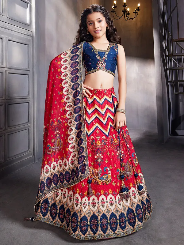 Classy red and navy silk printed lehenga choli