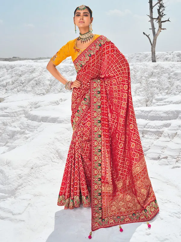 Classy red saree in bandhej