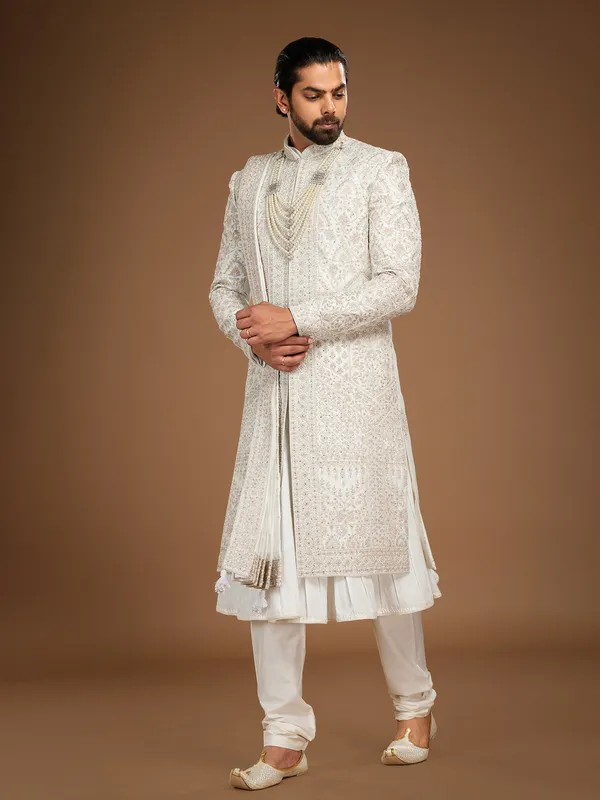 Classy silk off white sherwani