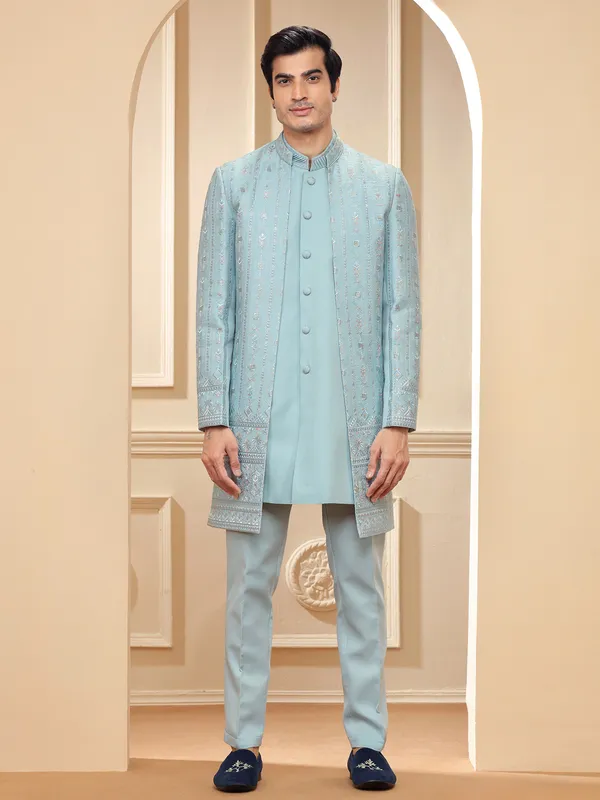 Classy sky blue terry rayon indowestern