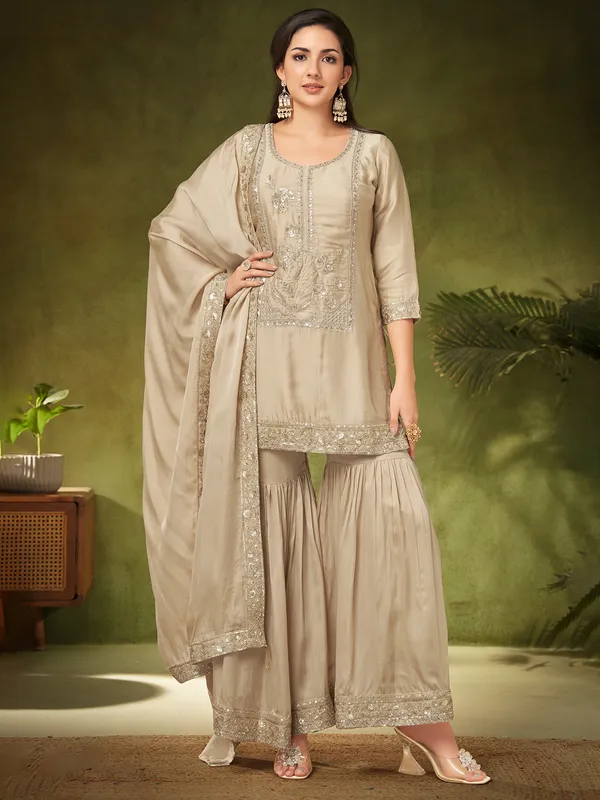 Classy ssilk sharara suit in beige